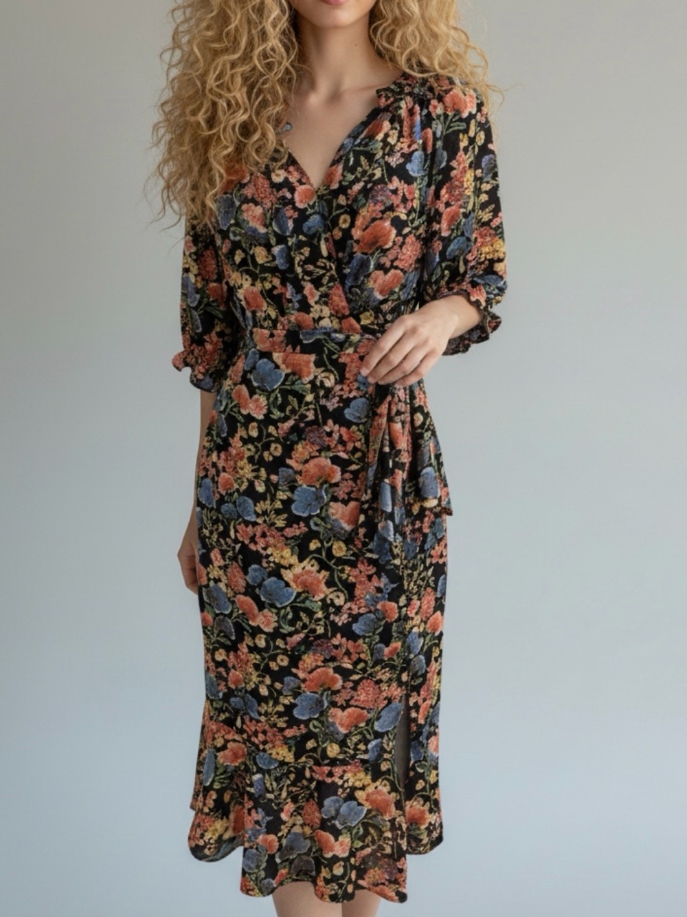 Floral Wrap Midi Dress in Black with Multicolor Blossoms
